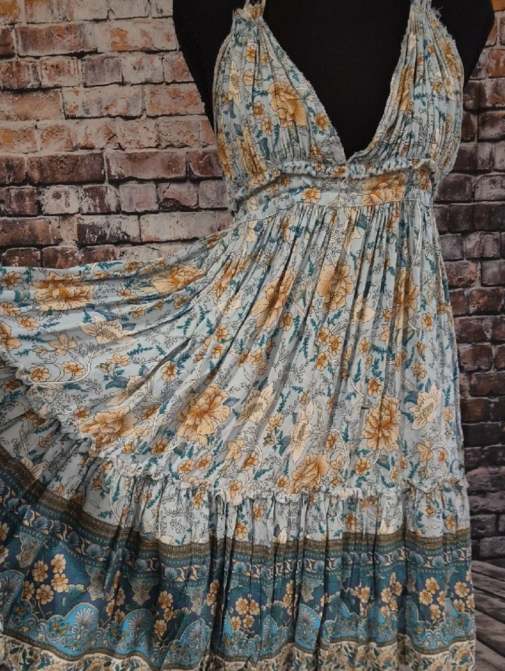 Floral Halter Sun Dress in Light Blue and Mustard - Picture 5 of 5